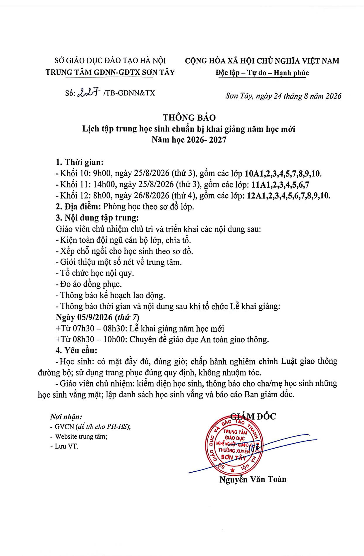 THÔNG BÁO LỊCH TẬP TRUNG HỌC SINH ĐẦU NĂM HỌC 2026-2027